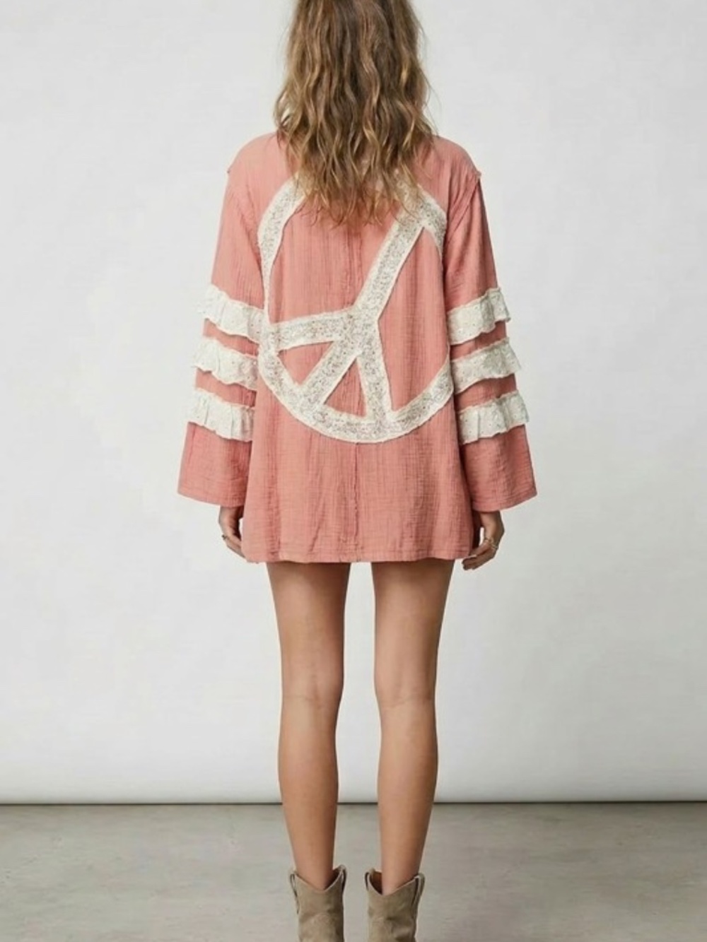 "The Sonya" Boho Lace-Trim Peace Sign Cardigan Jacket - Picture 4 of 5
